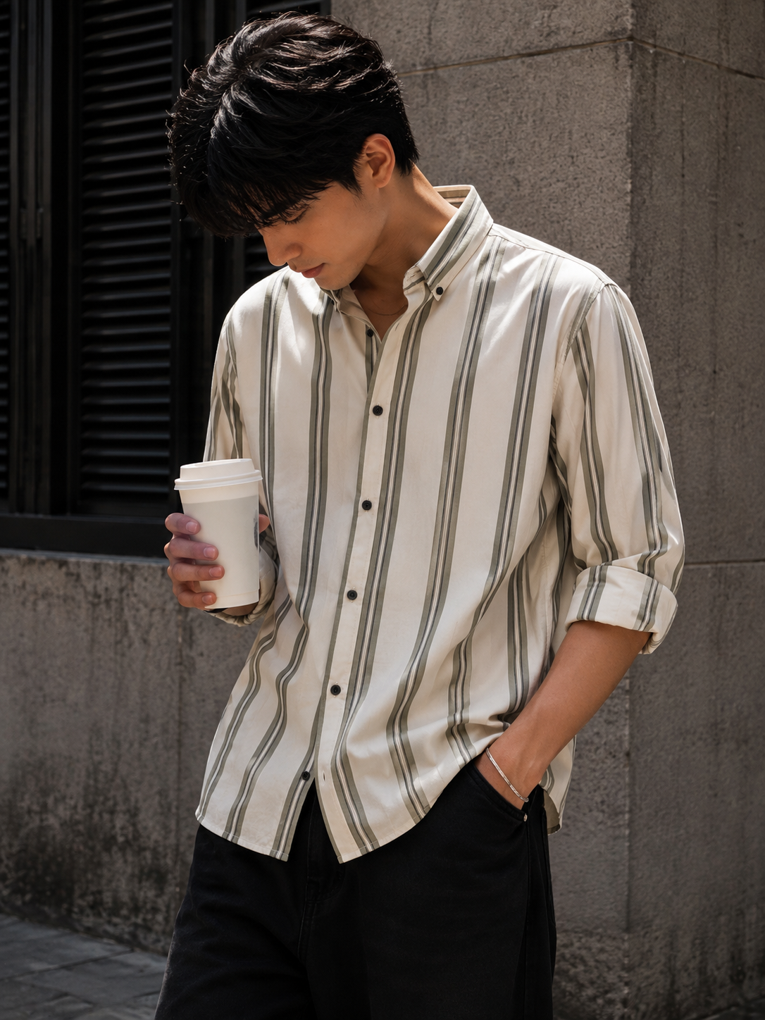 Uni Liur Charcoal & Cream Stripe Button Down Shirt