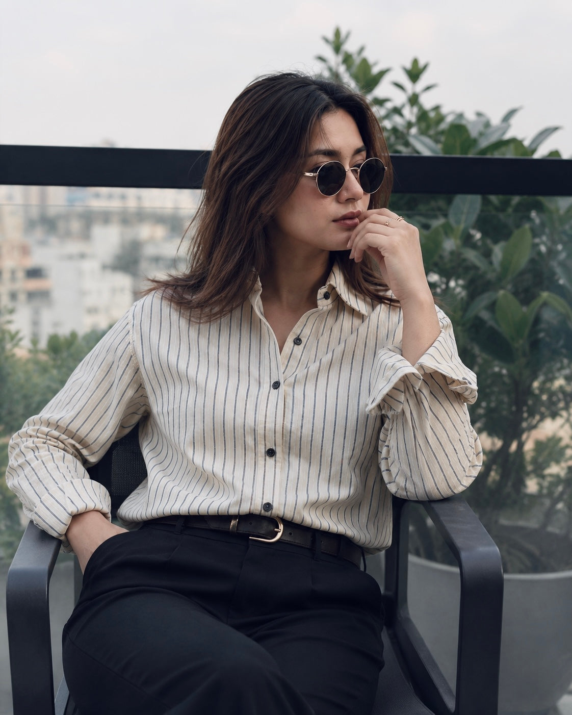 Uni Liur Classic Ivory Mist Stripe Button Down Shirt