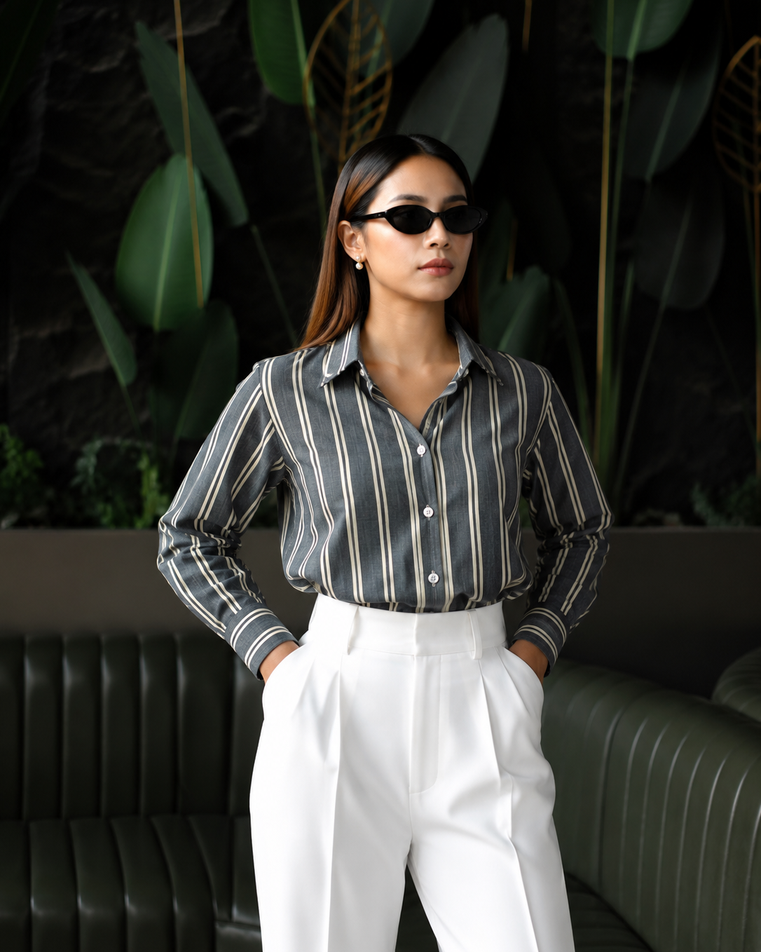 Uni Liur Charcoal & Cream Stripe Button Down Shirt